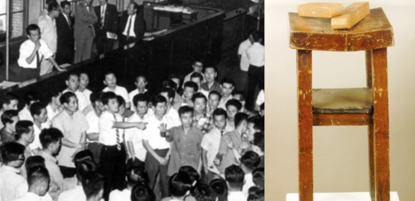 1956년 3월 문을 연 증권거래소 서울시장(명동 소재)에서 주식 중개인들이 수신호로 가격과 수량을 흥정하고 있다. 오른쪽 사진은 1970년대 중반까지 주식 거래 시작과 체결을 알리는 도구였던 ‘딱딱이’. /사진=한국거래소