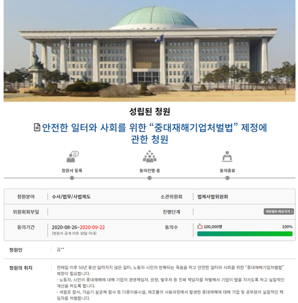 국회 국민동의청원 홈페이지에 게시된 ‘중대재해기업처벌법’이 22일 10만명 동의를 달성했다.