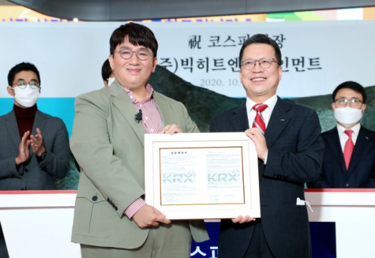 방시혁 빅히트엔터테인먼트 의장(왼쪽)과 정지원 한국거래소 이사장. /사진=한국거래소