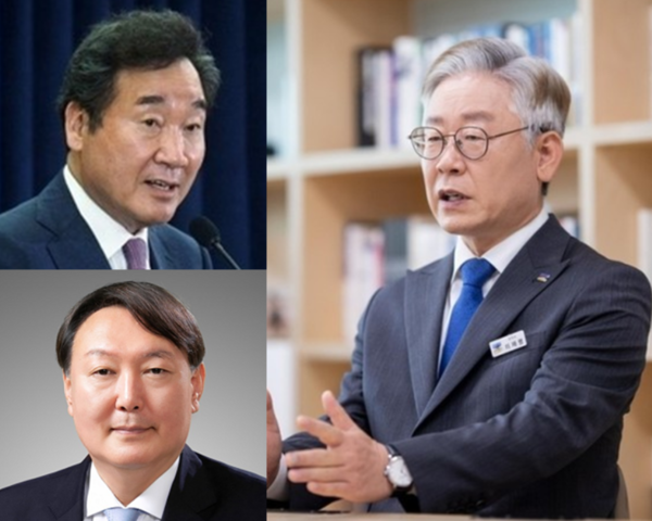 차기 대선 주자 지지율 여론조사가 발표된 4일 이들과 관련된 종목의 주가도 함께 출렁였다. 왼쪽 위부터 시계방향으로 이낙연 더불어민주당 대표, 이재명 경기도지사, 윤석열 검찰총장. /사진=이낙연 SNS, 경기도, 대검찰청