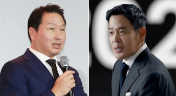 이마트가 프로야구단 SK와이번스를 인수한다고 밝혀 배경에 관심이 쏠리고 있다. 사진은 최태원 SK그룹 회장(왼쪽)과 정용진 신세계그룹 부회장. /사진=각사