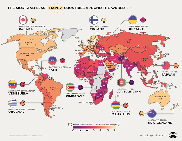 유엔 자문기구 지속가능발전해법네트워크(SDSN)가 지난 3월 20일 발표한 세계 행복보고서에 따르면, 지난해 우리나라의 행복도는 세계 95개국 가운데 50위였다. /그래픽 출처=비주얼캐피탈리스트닷컴