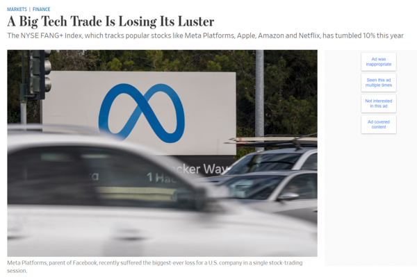 월스트리트저널은 6일자(현지시간) 온라인판 ‘A Big Tech Trade Is Losing Its Luster’라는 제목의 기사에서, 이른바 ‘FAANG’ 등 빅테크에 대한 묻지마 투자 시대는 지났다고 전했다. /사진=월스트리트저널 누리집