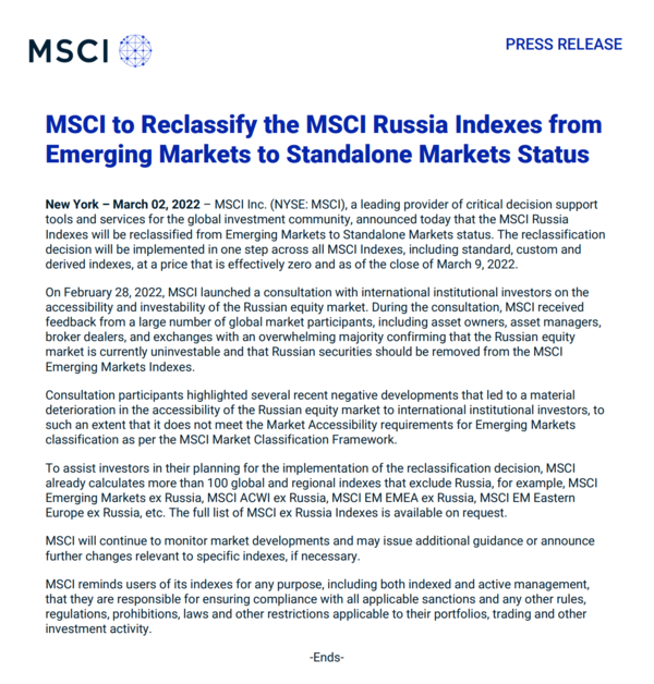 MSCI는 3일(현지시간 2일) 보도자료를 통해 오는 9일 종가 기준으로, 러시아를 EM에서 제외하고 ‘독립’ 시장(Standalone Market)으로 재분류한다고 밝혔다. /자료=MSCI
