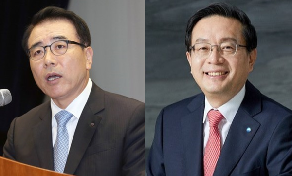 조용병 신한금융 회장(왼쪽)에 이어 손태승 우리금융 회장의 연임에도 빨간불이 켜졌다. /사진=신한, 우리금융지주
