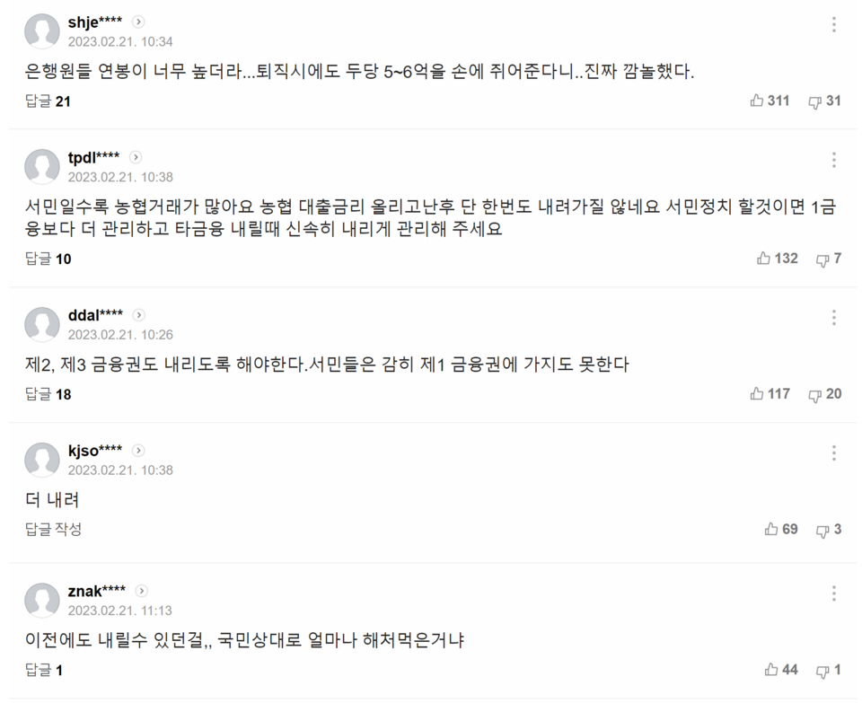 21일치 ‘은행들 앞다퉈 “대출금리 또 내리겠다”… 추가 인하 배경엔’ 기사에 달린 댓글들. /출처=네이버 포털뉴스 갈무리