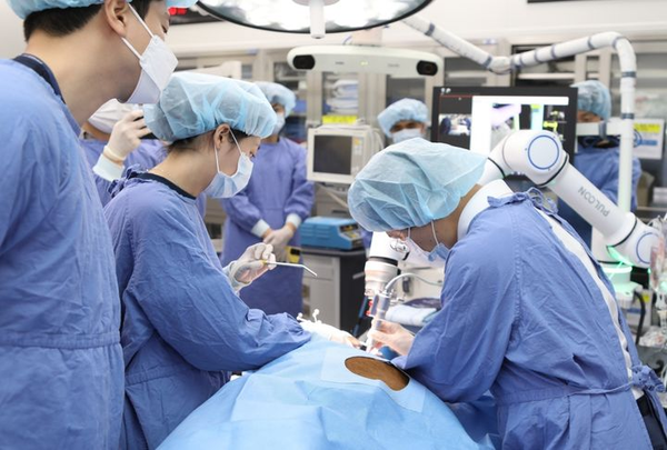치과 임플란트 수술 보조 로봇 시스템을 개발한 ‘푸른기술’ 주가가 상한가를 기록했다. 사진은 서울대치과병원 박지만 교수(맨 오른쪽)가 시험견을 대상으로 수술을 하고 있는 모습. /사진=푸른기술