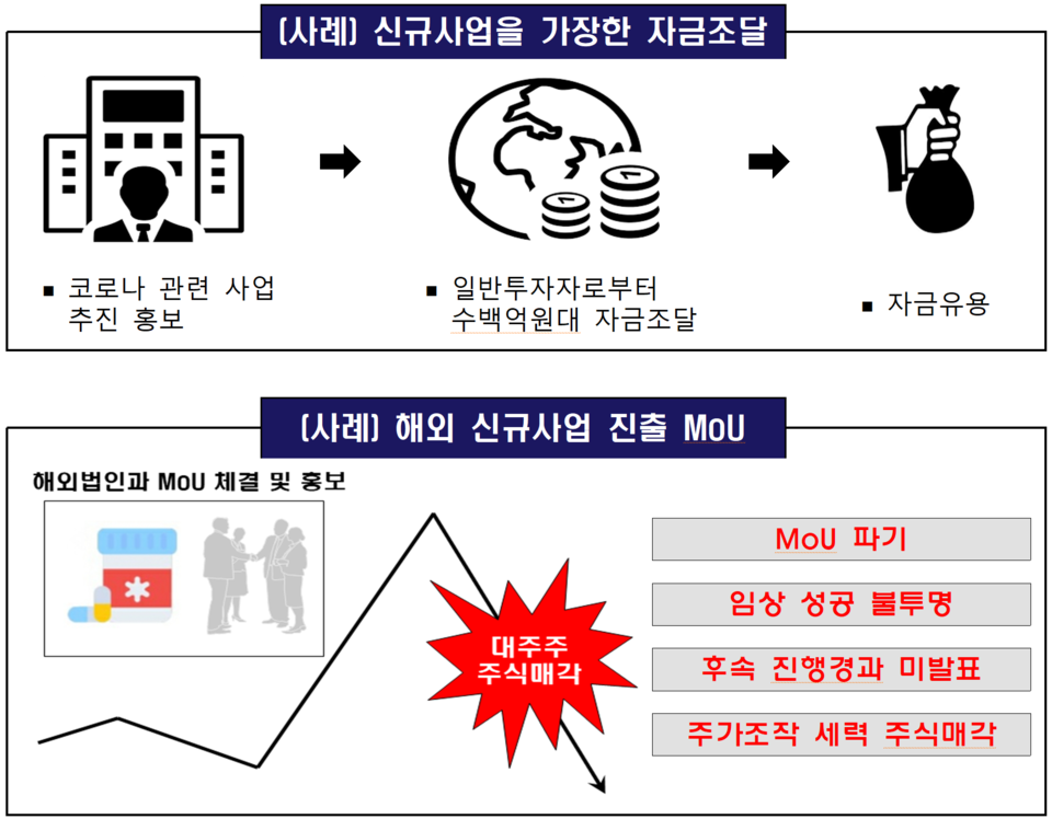 금감원 적발 사례를 보면 신규사업을 가장해 자금을 조달한 뒤 유용하거나, 해외법인과 법적 이행 의무가 없는 상호 협력 수준의 양해각서(MoU)를 체결한 뒤 과장되게 홍보하는 경우도 많았다. /자료=금융감독원