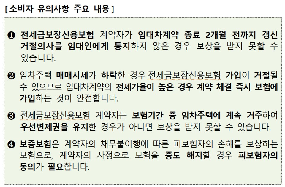 금감원은 전세보험의 주요 약관 사항을 숙지하지 못해 불이익을 받는 사례가 있어 주의가 필요하다고 당부했다. /자료=금융감독원