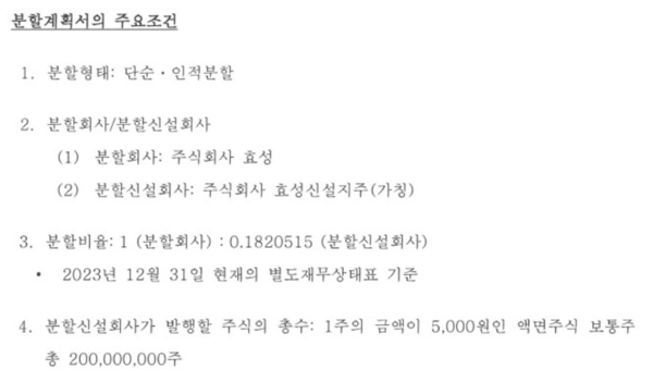 ㈜효성의 회사분할 계획서 내용. /자료=전자공시시스템
