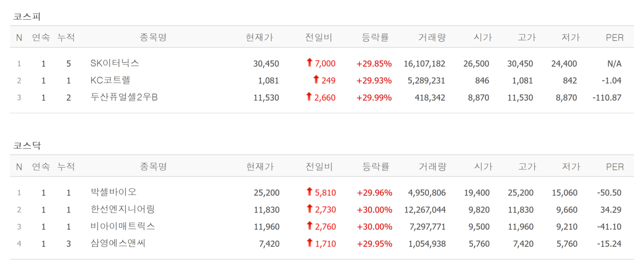 22일 상한가 종목. /자료=네이버 증권정보