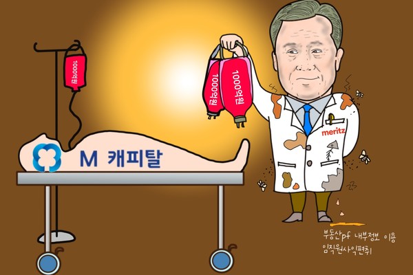 겨 묻은 M캐피탈, ‘오물 묻은’ 메리츠증권이 구한다? /일러스트=조수연 편집위원
