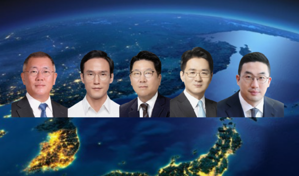 왼쪽부터 정의선 현대차그룹 회장, 조현범 한국앤컴퍼니그룹 회장, 정지선 현대백화점그룹 회장, 조원태 한진그룹 회장, 구광모 LG그룹 회장(나이순). /그래픽=뉴스웰