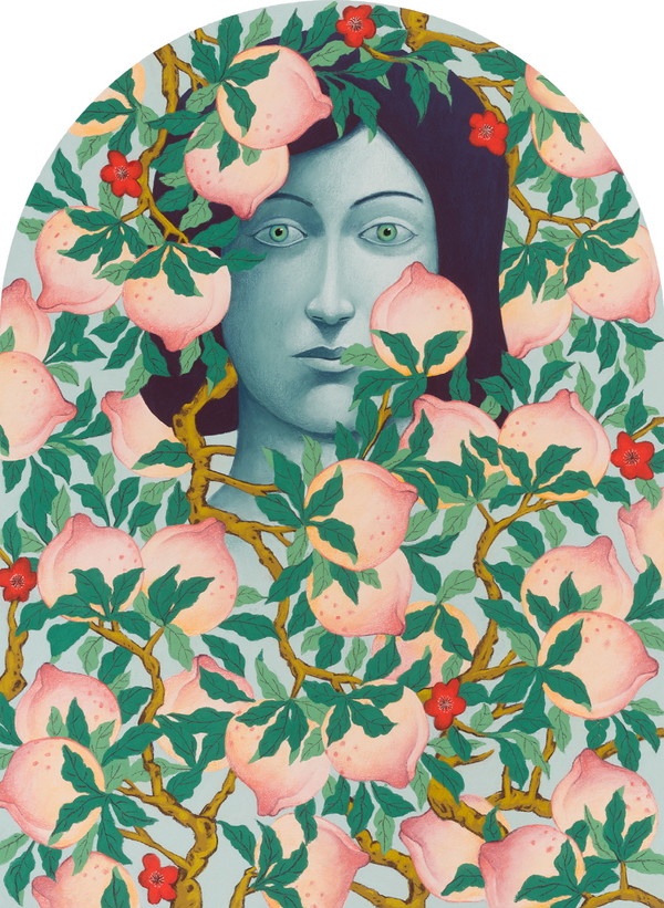 니콜라스 파티, '복숭아가 있는 초상', 2024, 리넨에 소프트 파스텔, 150 x 109.9 cm. ©니콜라스 파티. 작가 및 하우저앤워스 제공. 사진: Adam Reich