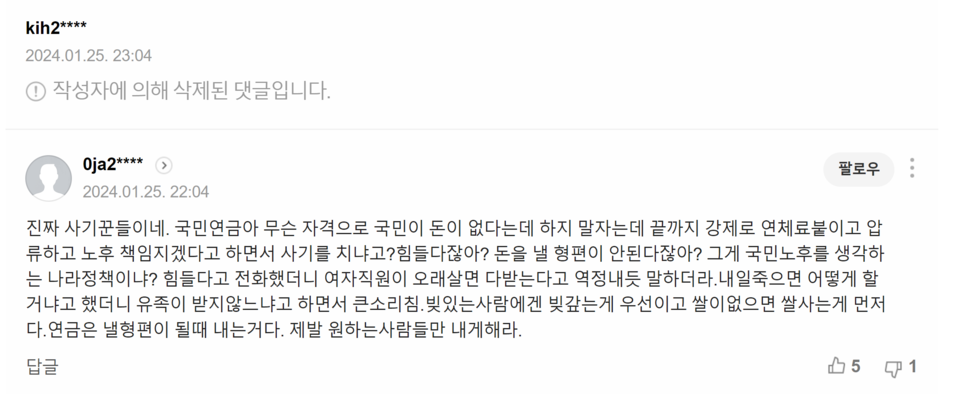 지난 1월 25일치 ‘국민연금 가입자 18%, 납부예외·장기체납’ 기사에 달린 댓글. /출처=네이버 포털뉴스 갈무리