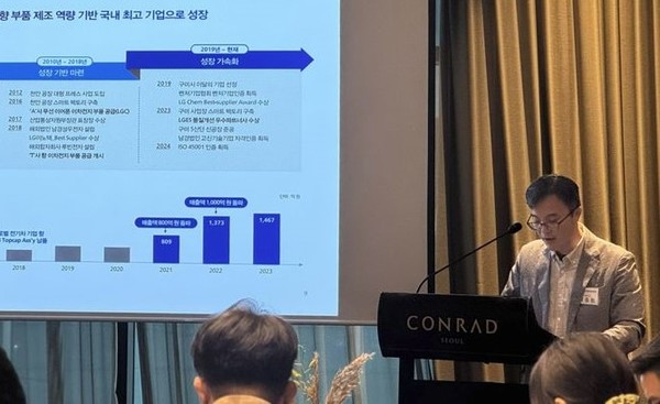 2차전지용 안전 부품 제조업체 ‘성우’가 31일 코스닥시장에 상장한다. 사진은 박종헌 대표가 지난 14일 간담회에서 성장 전략을 소개하고 있다. /사진=성우
