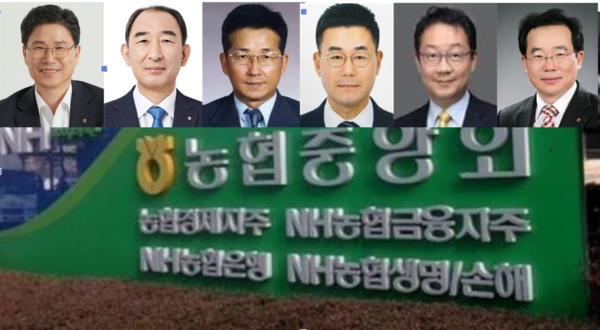 농협금융지주는 임원후보추천위원회를 열고 자회사 CEO 후보 6명을 추천했다. 왼쪽부터 강태영 농협은행장 내정자, 박병희 농협생명 대표 내정자, 송춘수 농협손해보험 대표, 장종환 농협캐피탈 대표, 김현진 NH벤처투자 대표, 김장섭 NH저축은행 대표. /농협금융지주