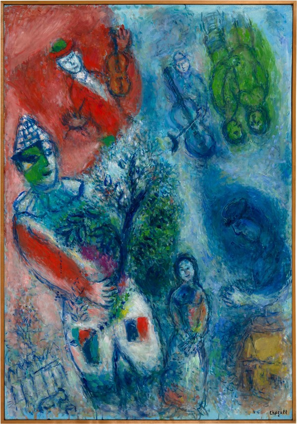 Le clown au buisson, 1975, Oil on canvas. © Chagall ®, by SIAE 2025.