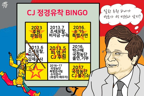 코바나컨텐츠 피영전 후원과 CJ그룹 이재현 회장 빙고! /일러스트=조수연 편집위원