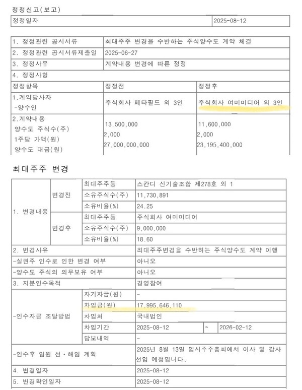 자료 6. 네오 펙트 최대주주 변경. /출처=금융감독원 공시자료