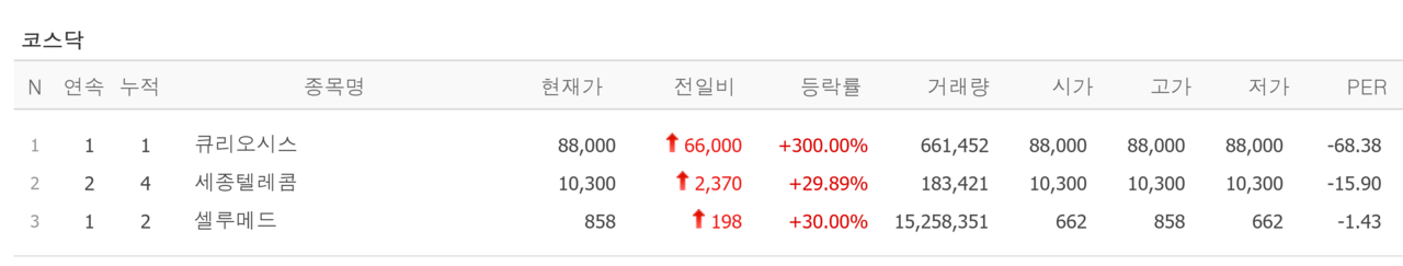 13일 상한가 종목. /자료=네이버 증권정보