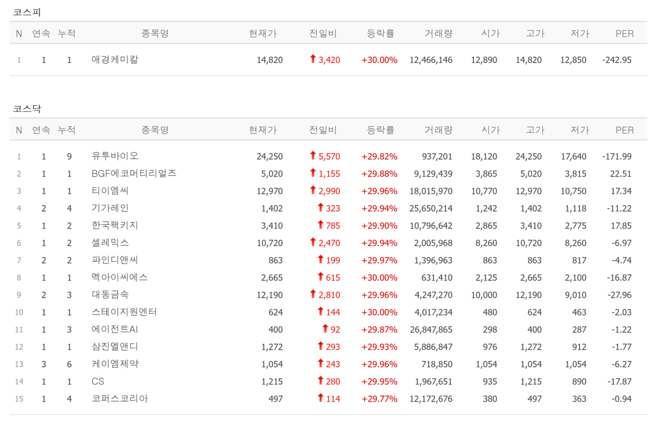 30일 상한가 종목. /자료=네이버 증권정보