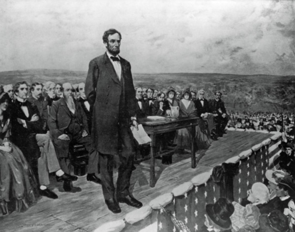 링컨 미국 대통령의 게티즈버그 연설을 묘사한 그림.
